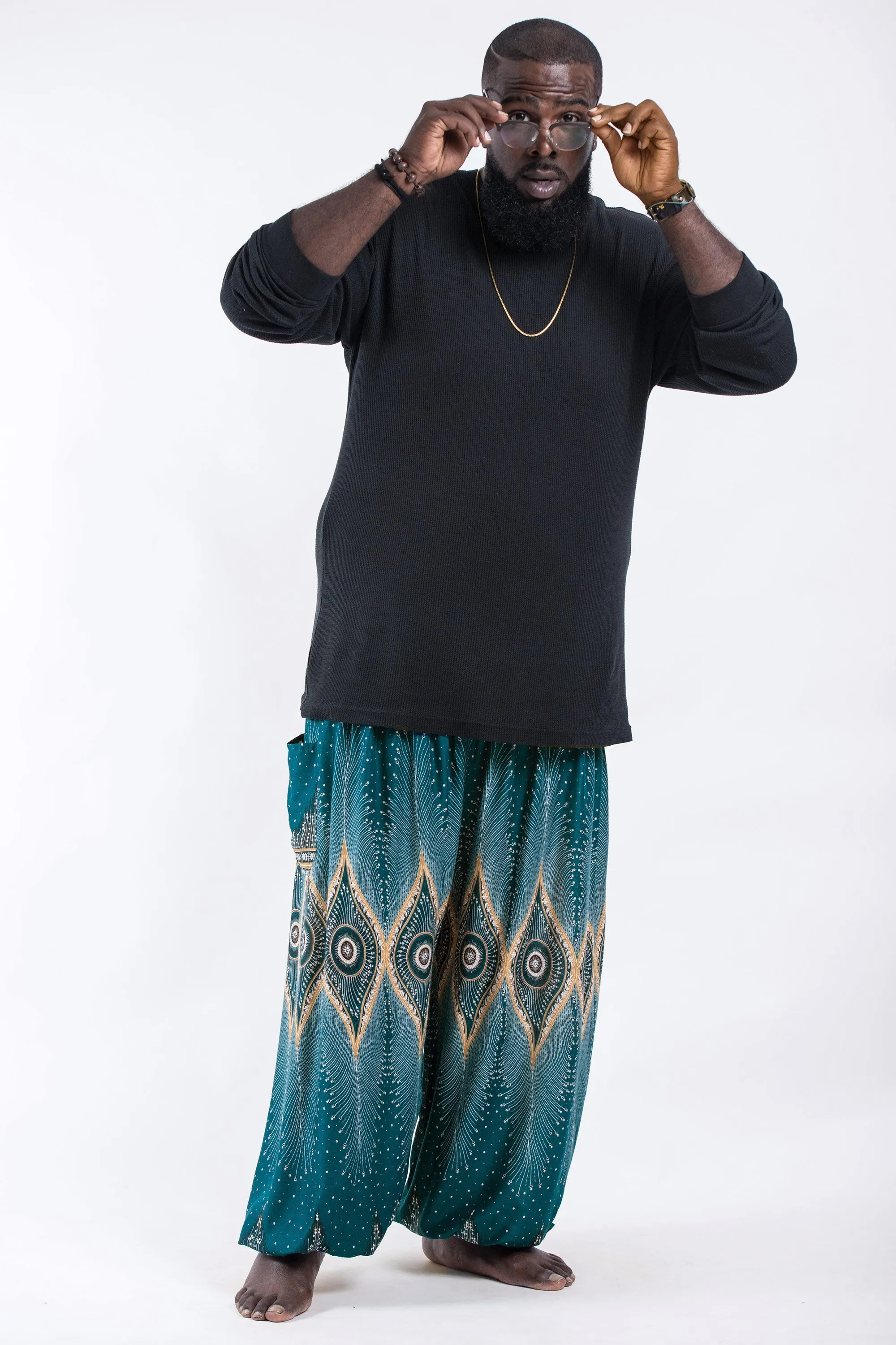 Plus Size Diamond Peacock Unisex Harem Pants in Turquoise