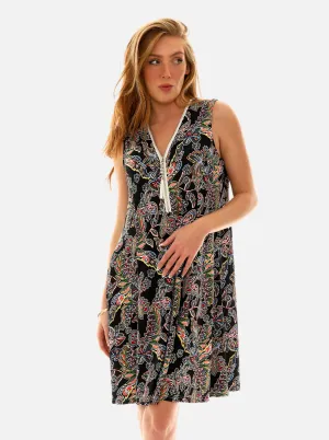 Printed Sleeveless Floral Dress with Embellished V-Neck