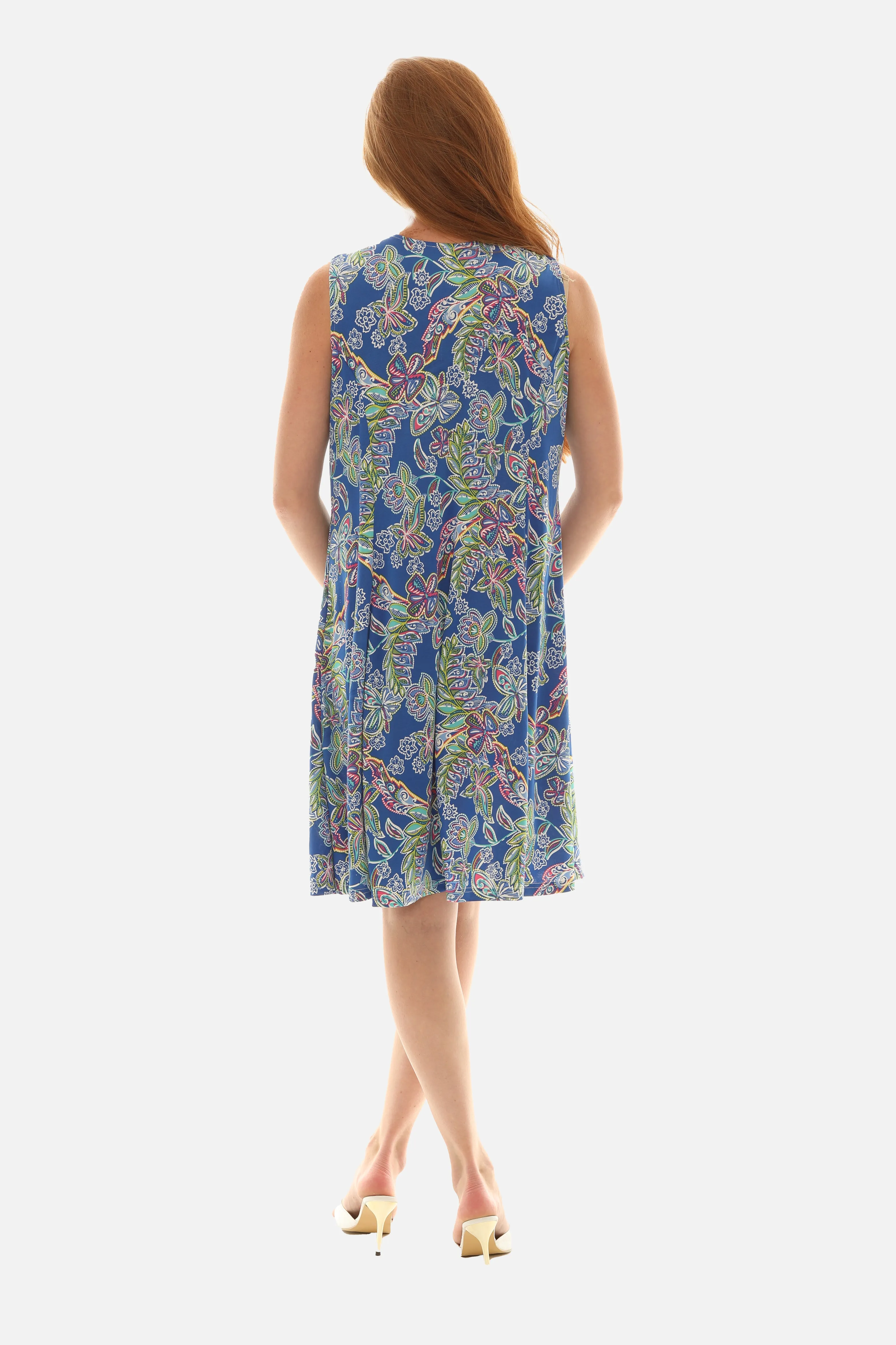 Printed Sleeveless Floral Dress with Embellished V-Neck