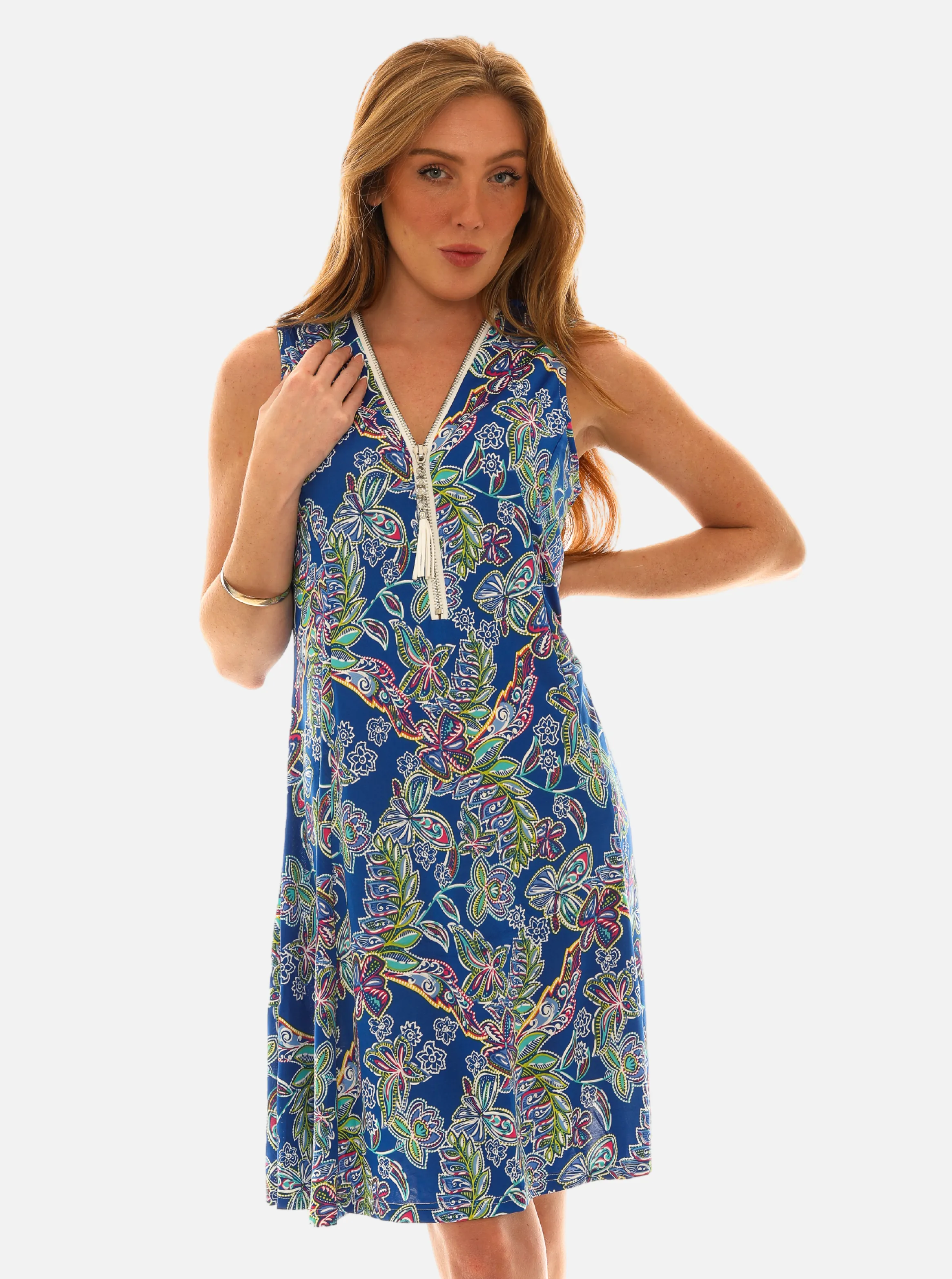 Printed Sleeveless Floral Dress with Embellished V-Neck