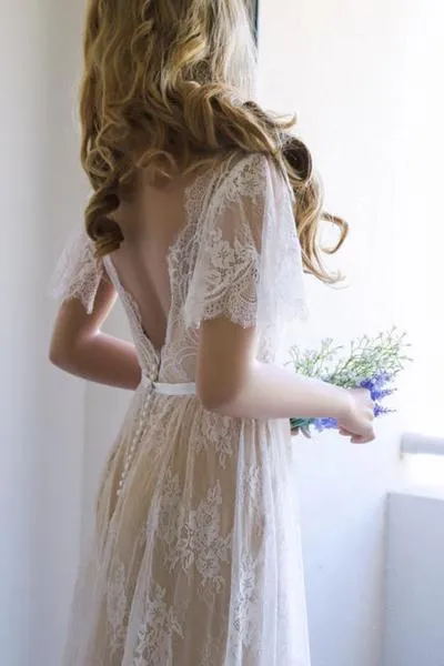 Romantic A-line Backless Lace Short Sleeves V Neck Long Wedding Dress PFW0104