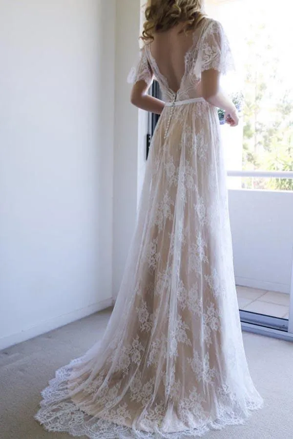 Romantic A-line Backless Lace Short Sleeves V Neck Long Wedding Dress PFW0104
