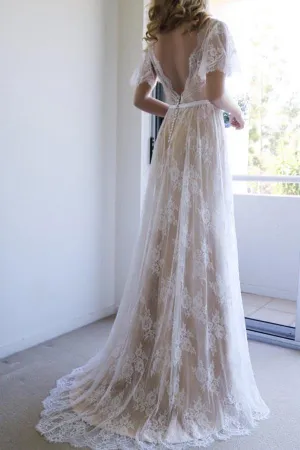Romantic A-line Backless Lace Short Sleeves V Neck Long Wedding Dress PFW0104
