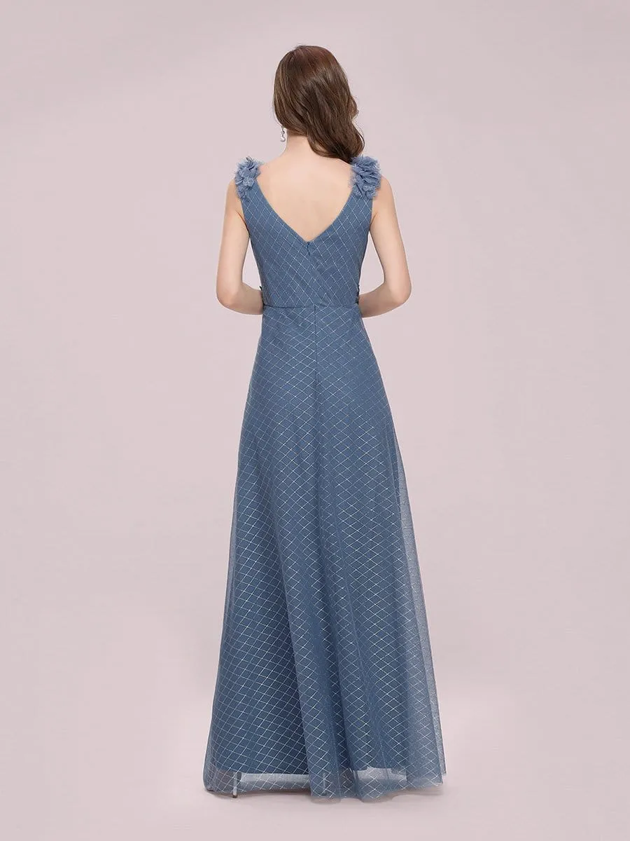 Romantic Diamond Stamping V Neck Tulle Prom Dress with Appliques