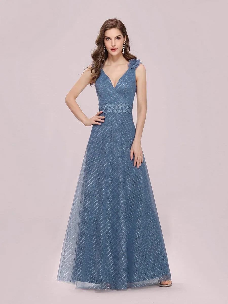 Romantic Diamond Stamping V Neck Tulle Prom Dress with Appliques