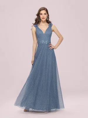Romantic Diamond Stamping V Neck Tulle Prom Dress with Appliques