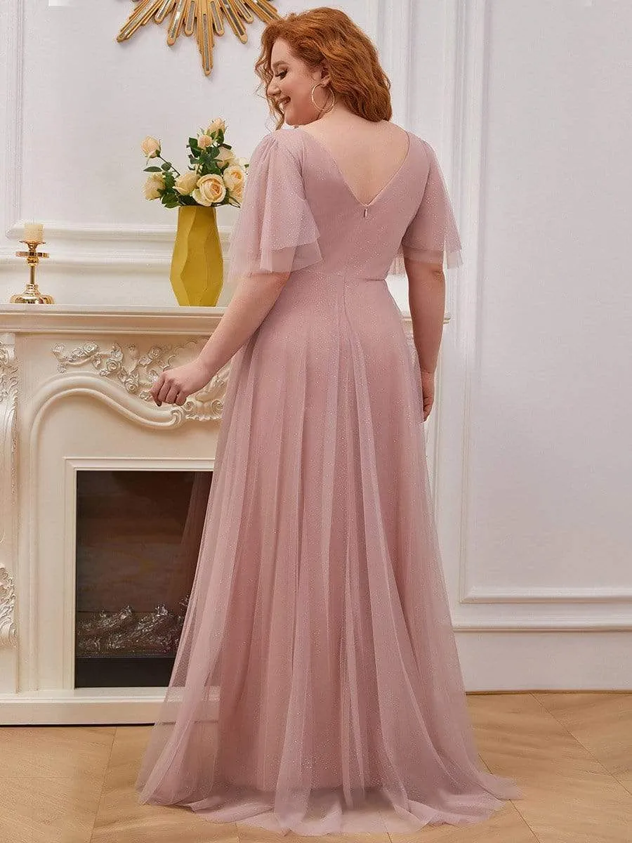 Romantic Plus Size Tulle Evening Dress with Deep V Neck(Final Sale)