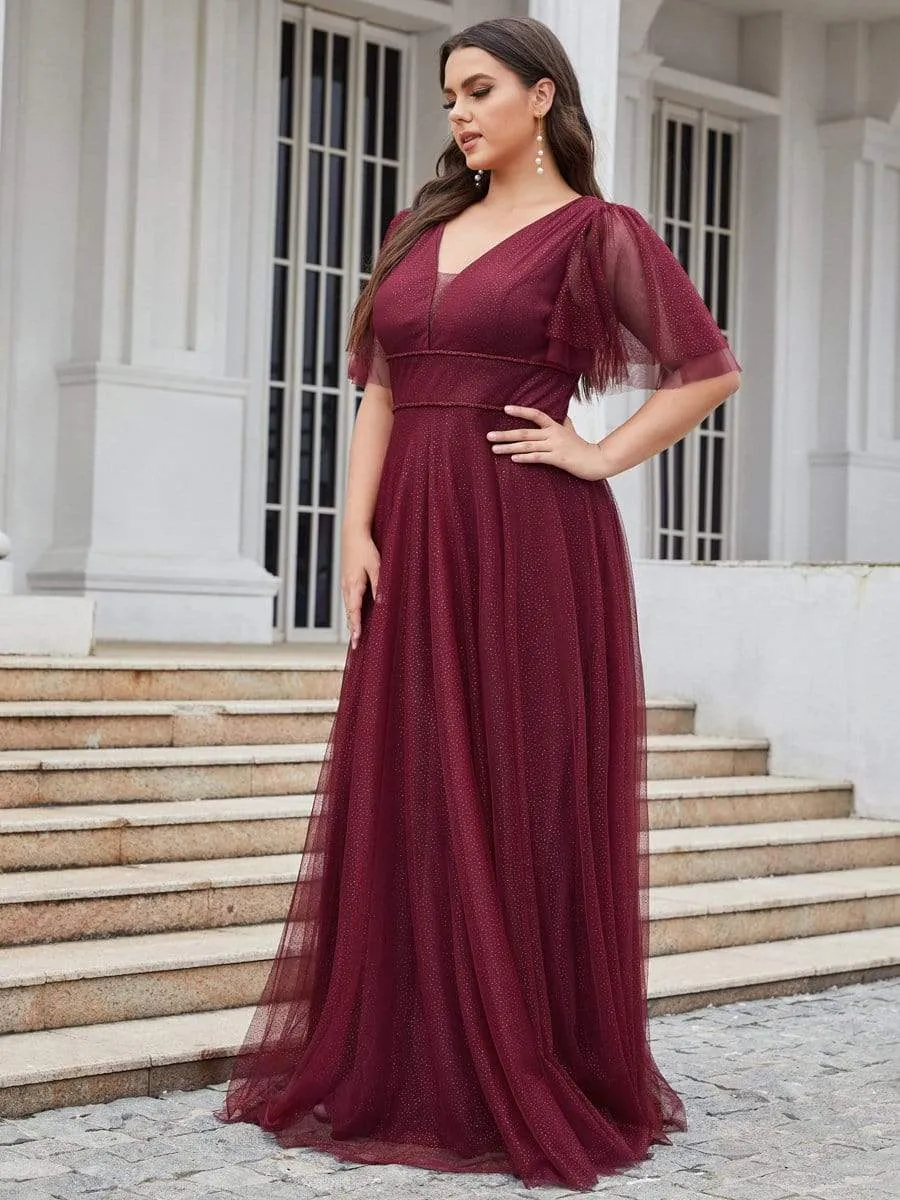 Romantic Plus Size Tulle Evening Dress with Deep V Neck(Final Sale)