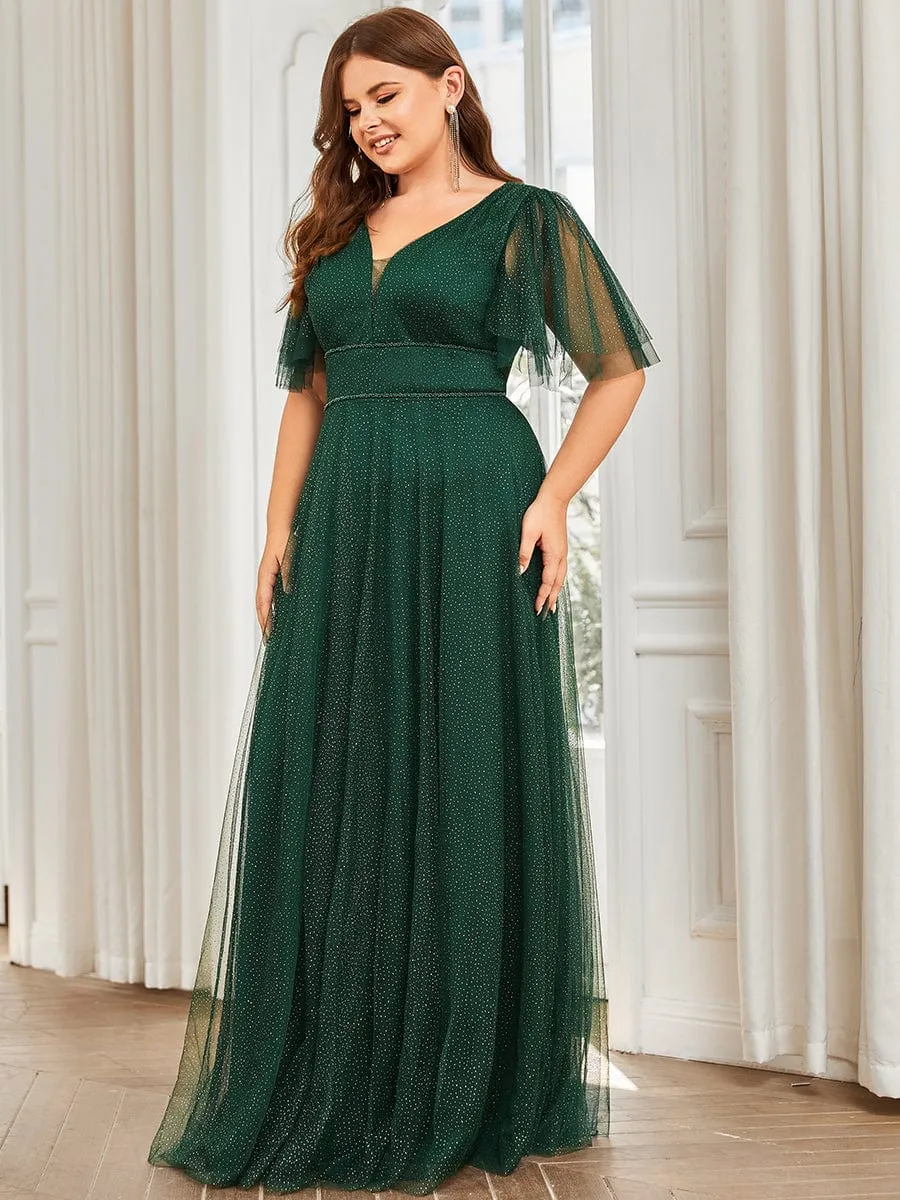 Romantic Plus Size Tulle Evening Dress with Deep V Neck(Final Sale)