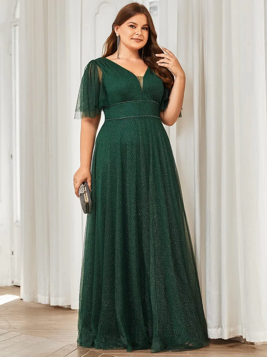 Romantic Plus Size Tulle Evening Dress with Deep V Neck(Final Sale)