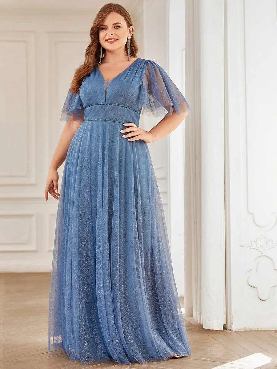 Romantic Plus Size Tulle Evening Dress with Deep V Neck(Final Sale)