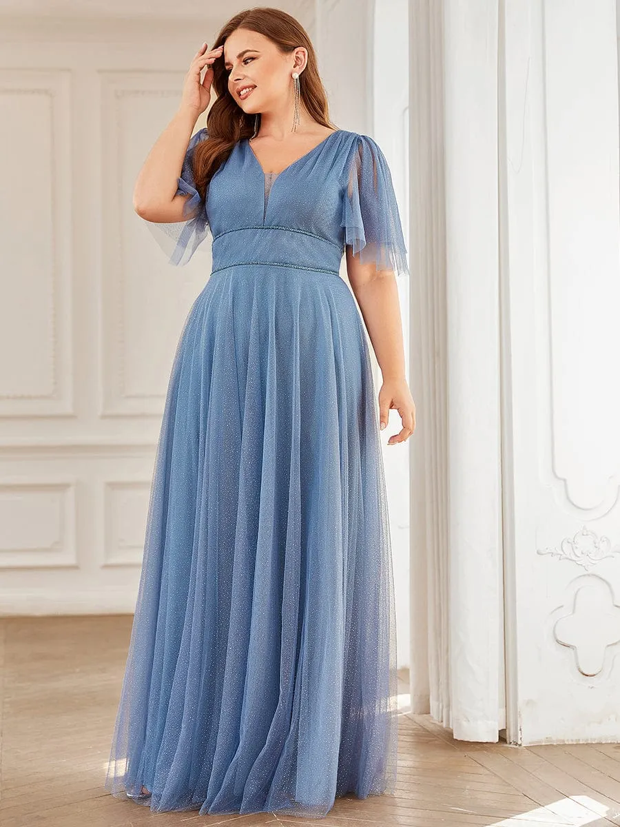 Romantic Plus Size Tulle Evening Dress with Deep V Neck(Final Sale)