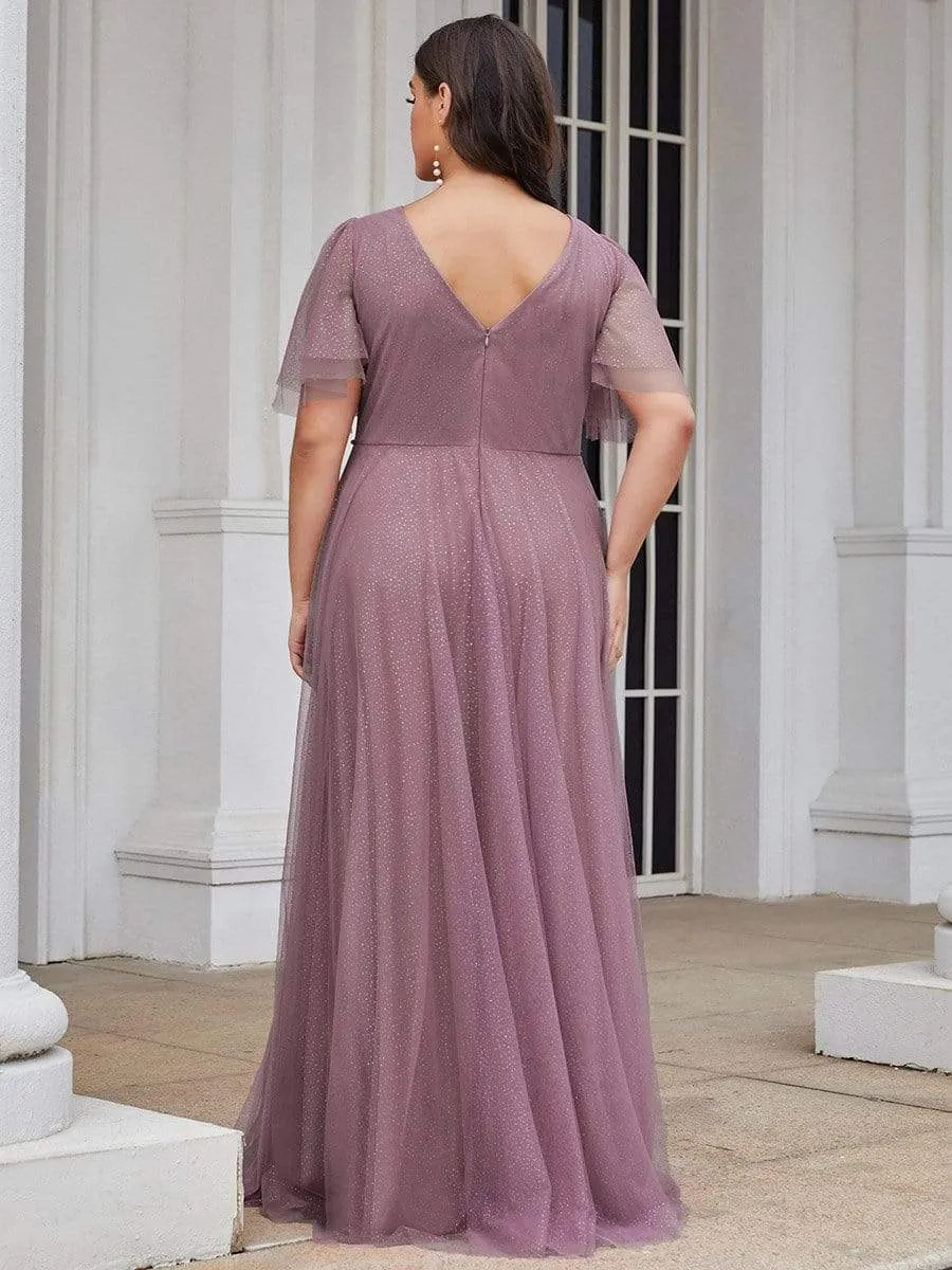 Romantic Plus Size Tulle Evening Dress with Deep V Neck(Final Sale)