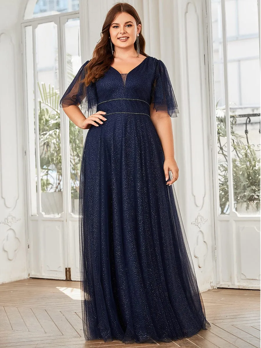 Romantic Plus Size Tulle Evening Dress with Deep V Neck(Final Sale)