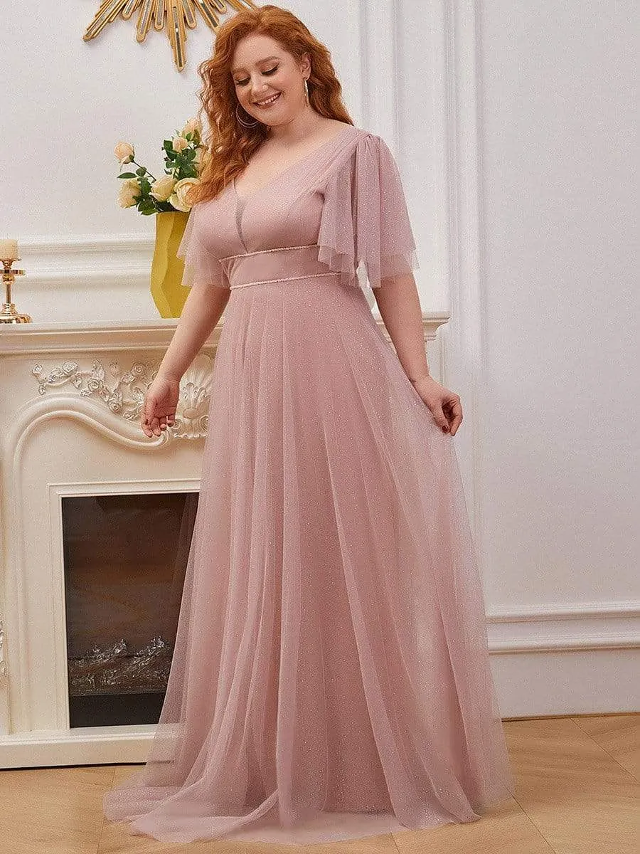 Romantic Plus Size Tulle Evening Dress with Deep V Neck(Final Sale)