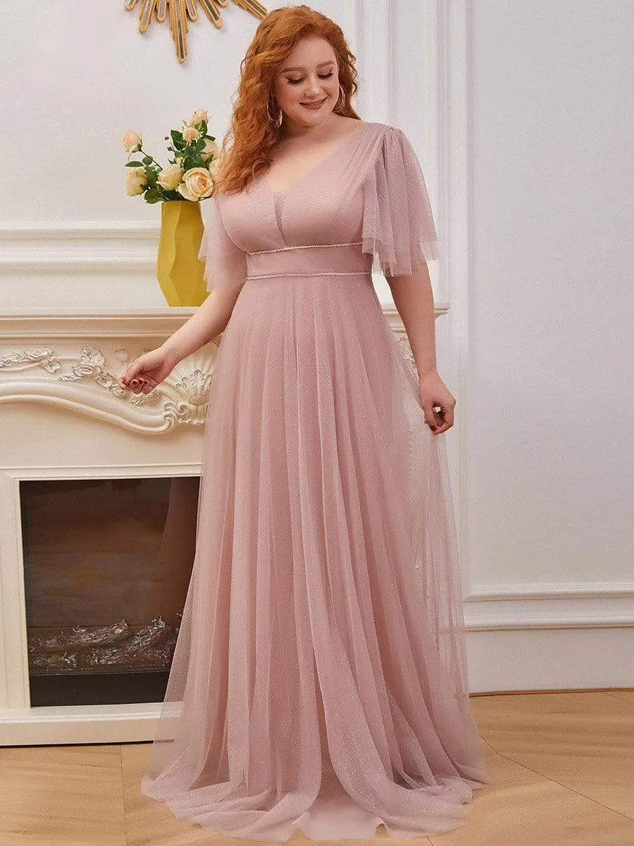 Romantic Plus Size Tulle Evening Dress with Deep V Neck(Final Sale)