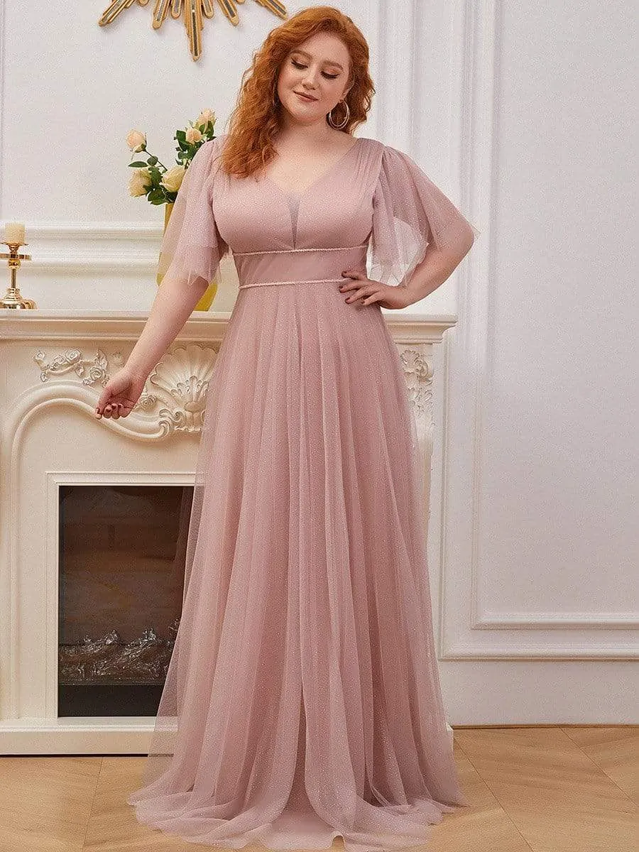 Romantic Plus Size Tulle Evening Dress with Deep V Neck(Final Sale)