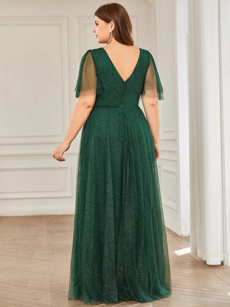 Romantic Plus Size Tulle Evening Dress with Deep V Neck(Final Sale)