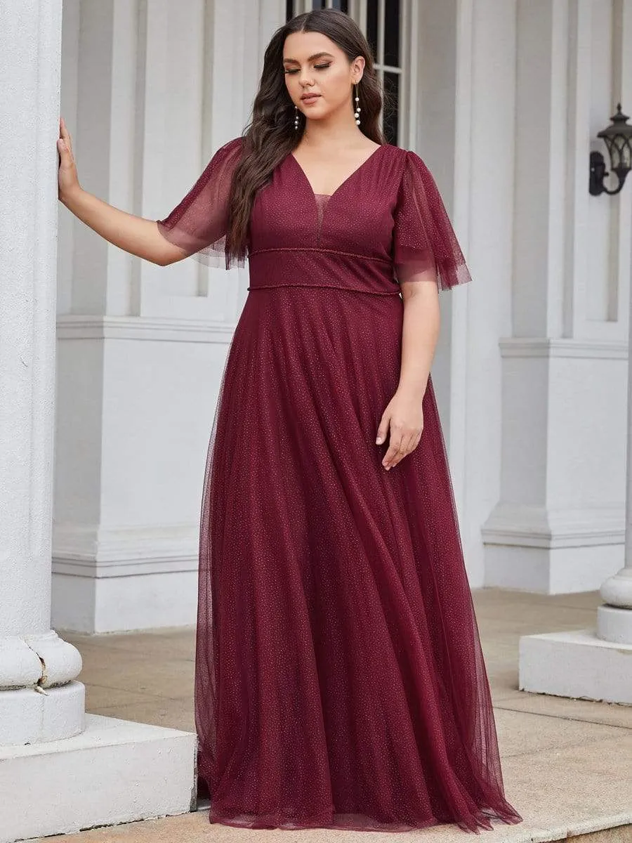 Romantic Plus Size Tulle Evening Dress with Deep V Neck(Final Sale)