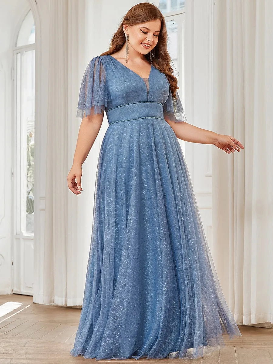Romantic Plus Size Tulle Evening Dress with Deep V Neck(Final Sale)