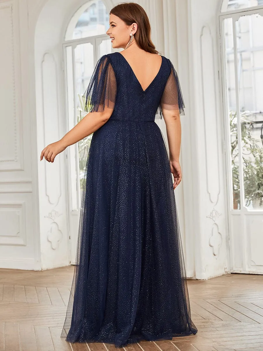 Romantic Plus Size Tulle Evening Dress with Deep V Neck(Final Sale)