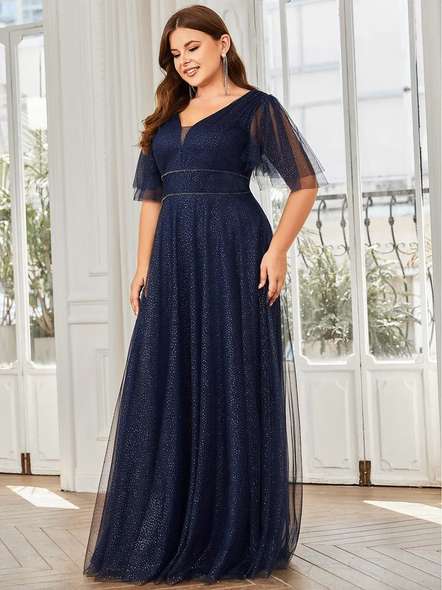 Romantic Plus Size Tulle Evening Dress with Deep V Neck(Final Sale)