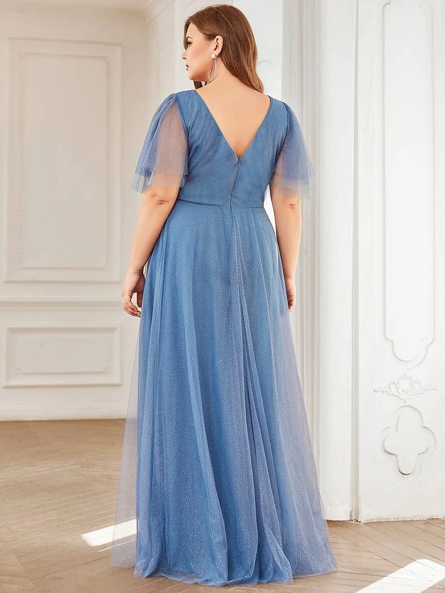 Romantic Plus Size Tulle Evening Dress with Deep V Neck(Final Sale)