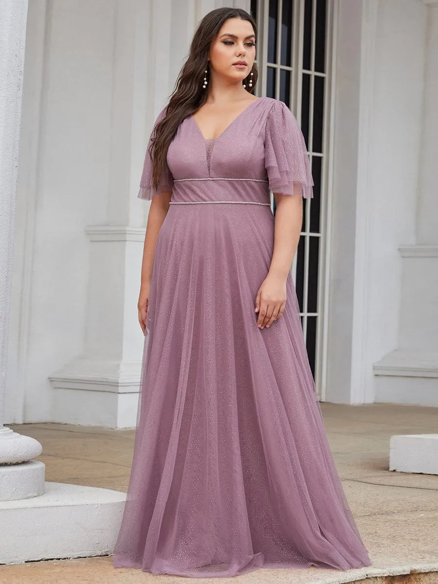 Romantic Plus Size Tulle Evening Dress with Deep V Neck(Final Sale)