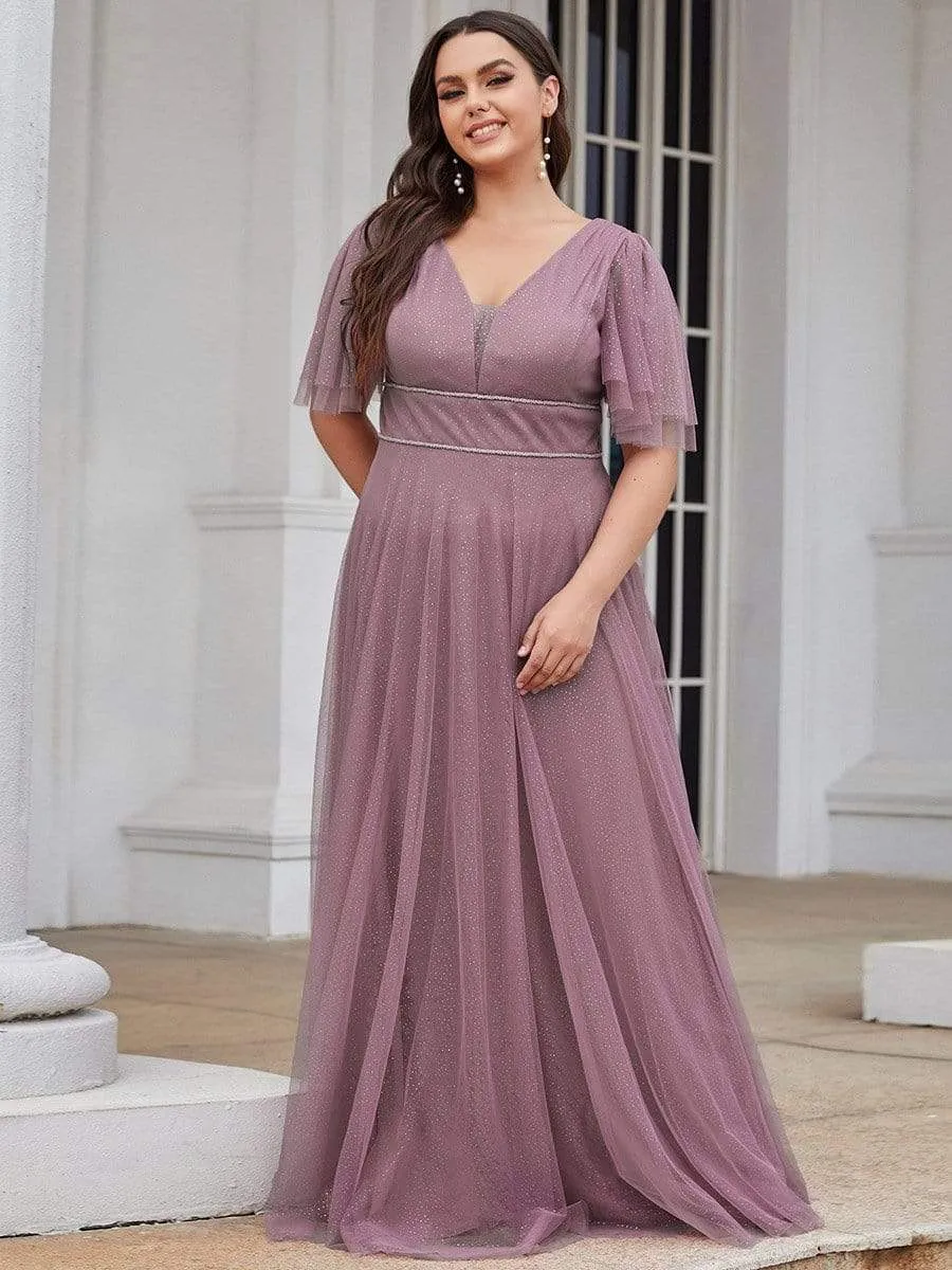 Romantic Plus Size Tulle Evening Dress with Deep V Neck(Final Sale)