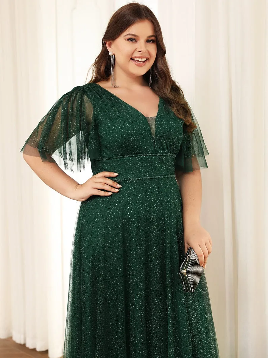 Romantic Plus Size Tulle Evening Dress with Deep V Neck(Final Sale)