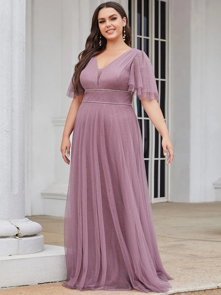 Romantic Plus Size Tulle Evening Dress with Deep V Neck(Final Sale)
