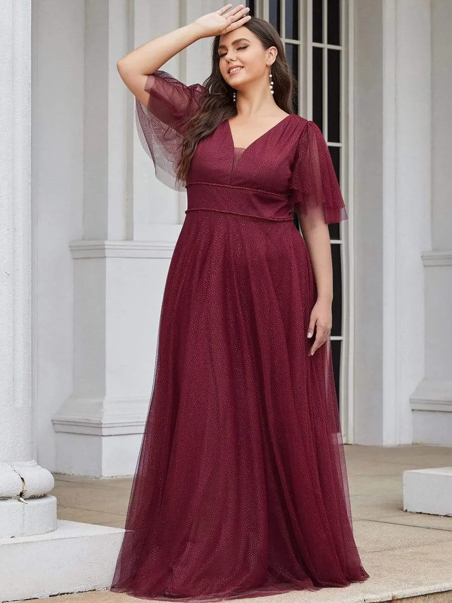 Romantic Plus Size Tulle Evening Dress with Deep V Neck(Final Sale)