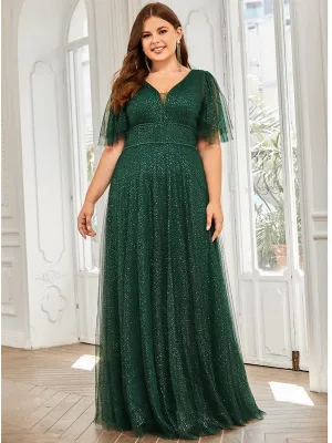 Romantic Plus Size Tulle Evening Dress with Deep V Neck(Final Sale)