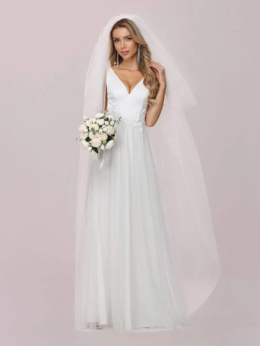 Romantic V Neck Tulle Wedding Dress with Appliques