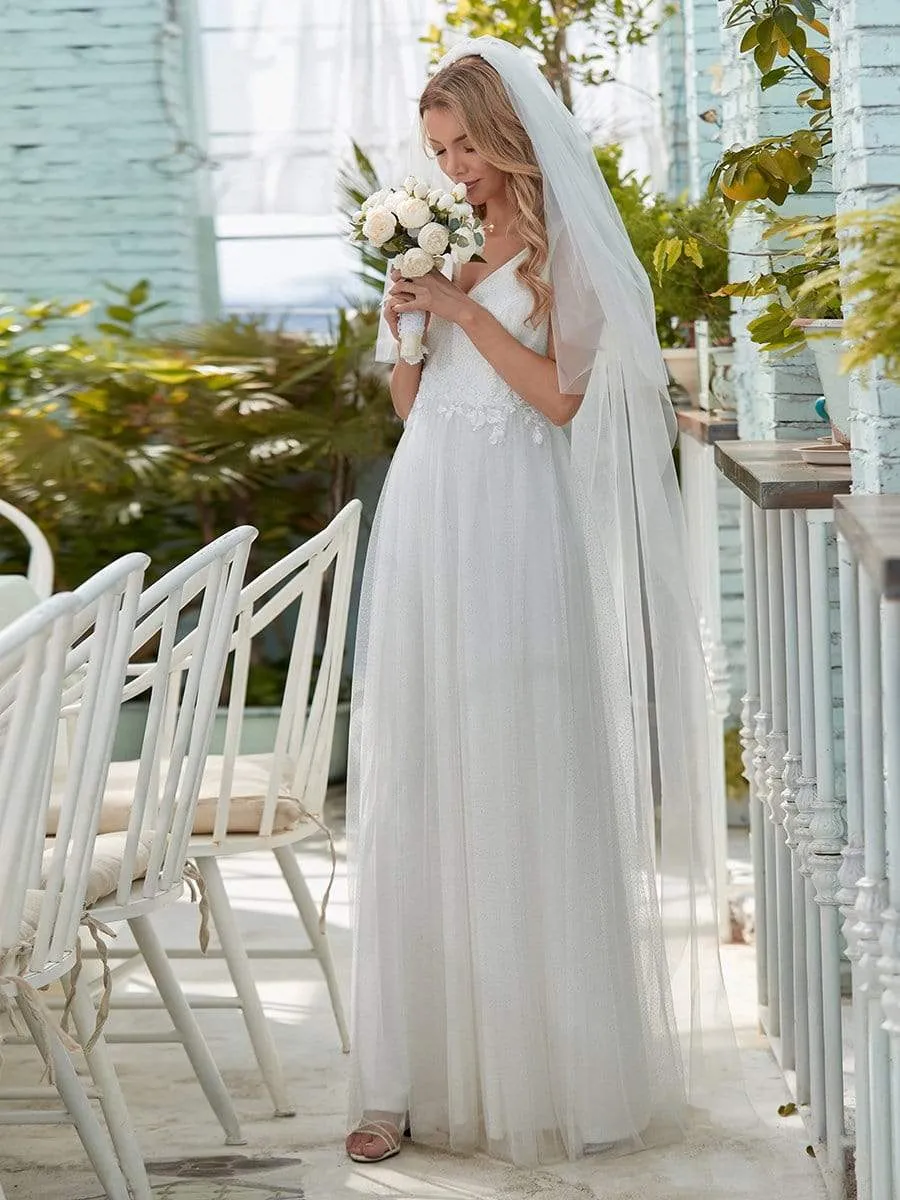 Romantic V Neck Tulle Wedding Dress with Appliques