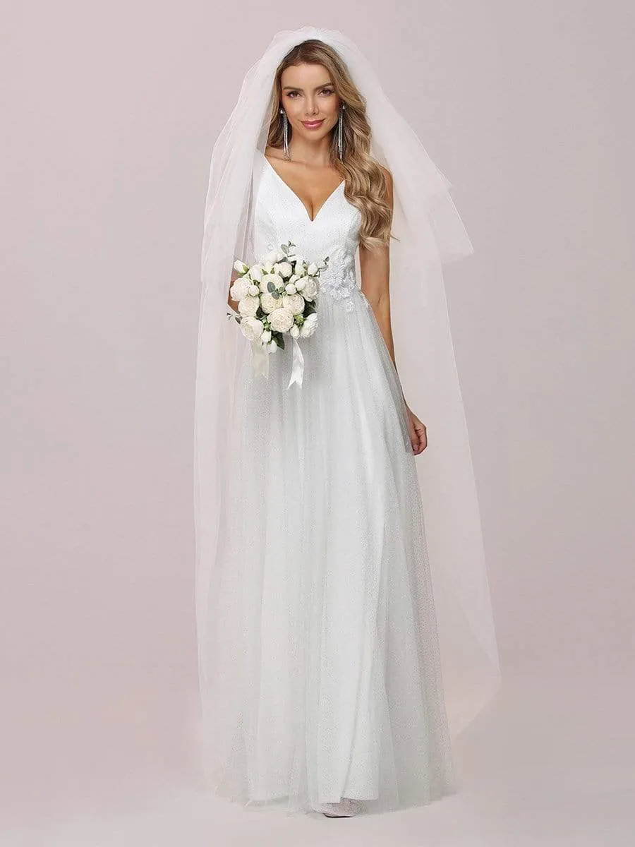 Romantic V Neck Tulle Wedding Dress with Appliques