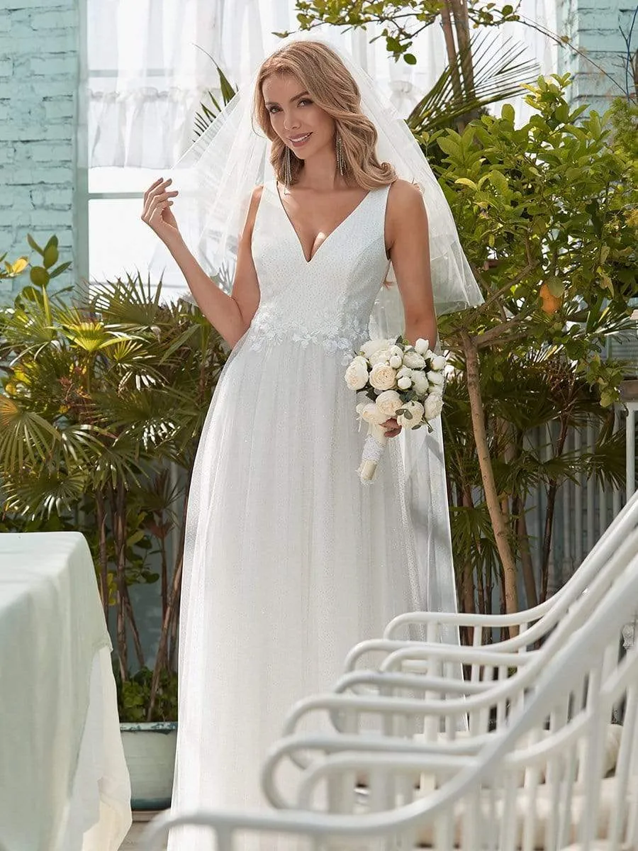 Romantic V Neck Tulle Wedding Dress with Appliques