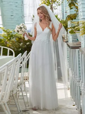 Romantic V Neck Tulle Wedding Dress with Appliques
