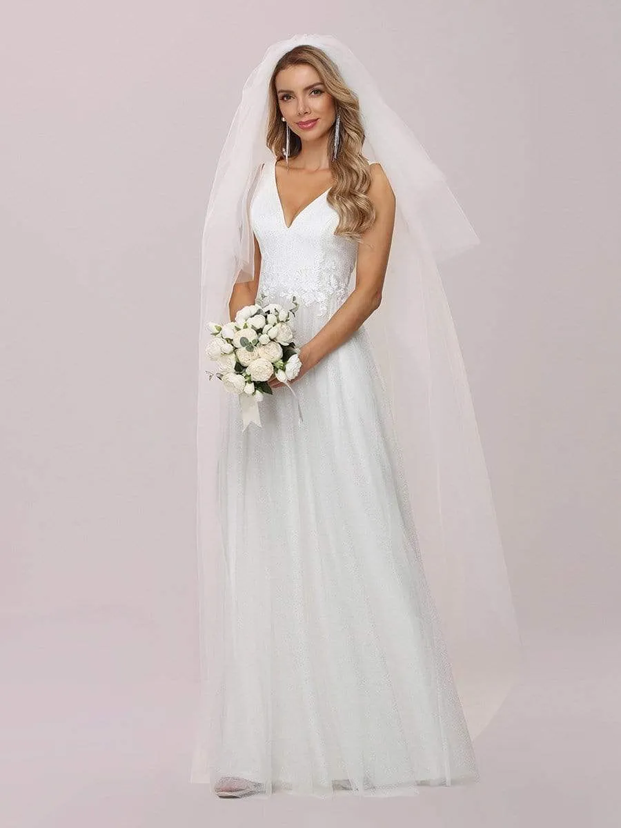 Romantic V Neck Tulle Wedding Dress with Appliques
