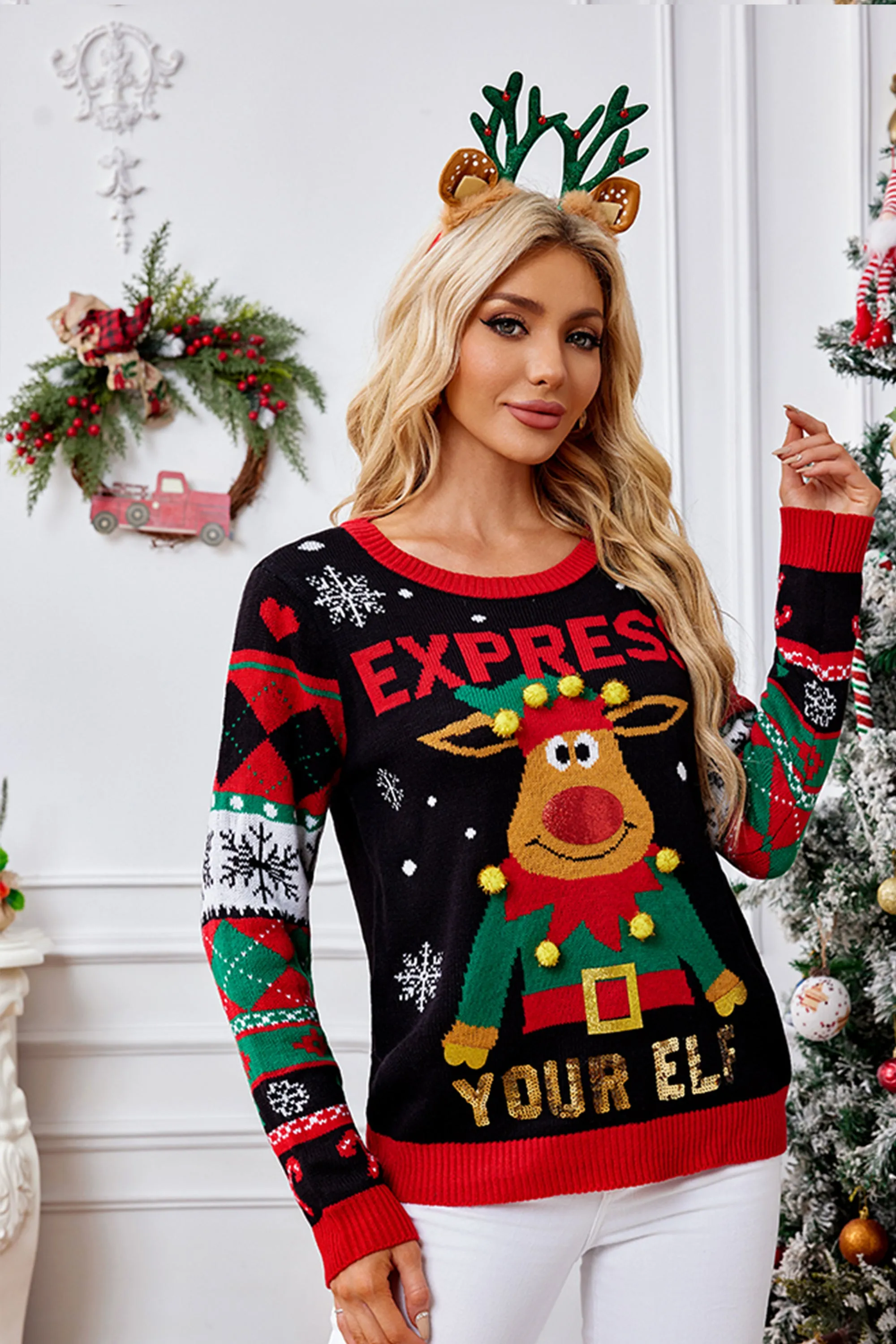 SD-Women's Elk Cat Christmas Pattern Sweater