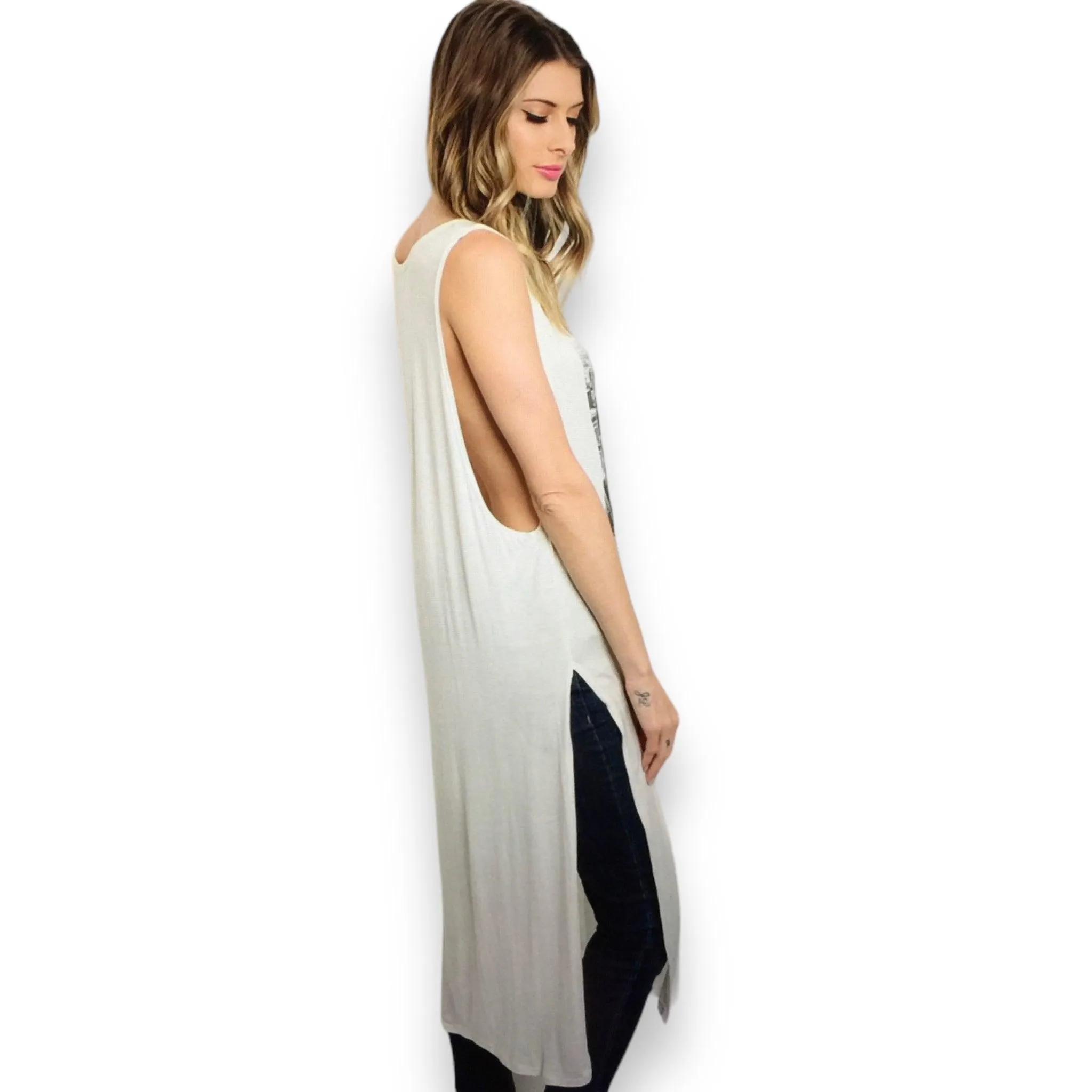 Sleeveless Graphic High Side Slits Long Tunic Top