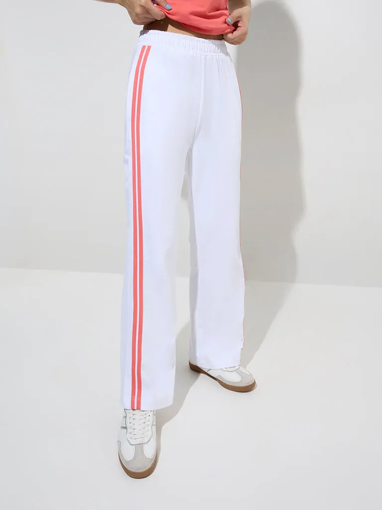 Studiofit White Striped High-Rise Cotton Track Pants