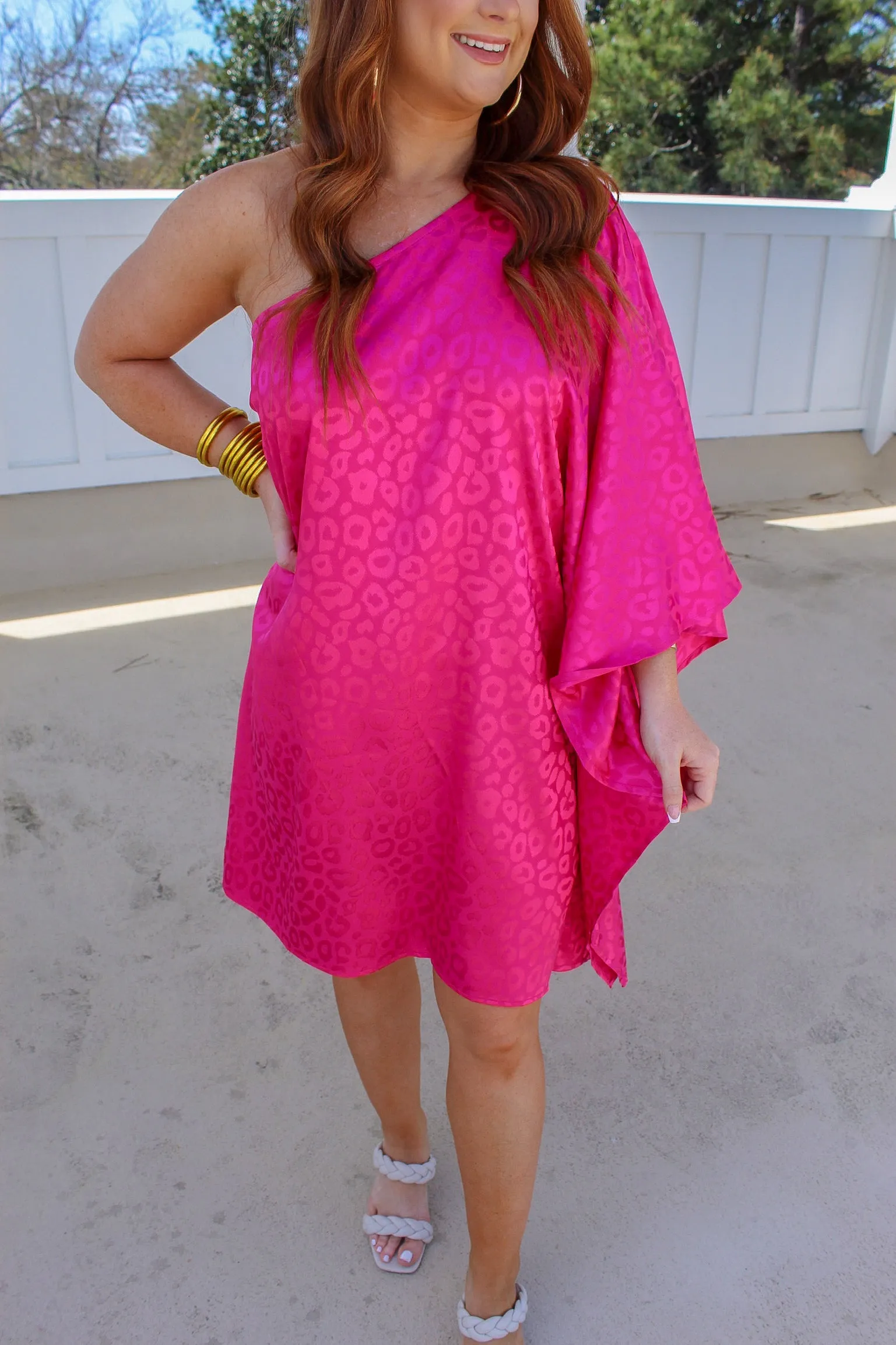 Tabatha Animal Print One Shoulder Dress- Hot Pink