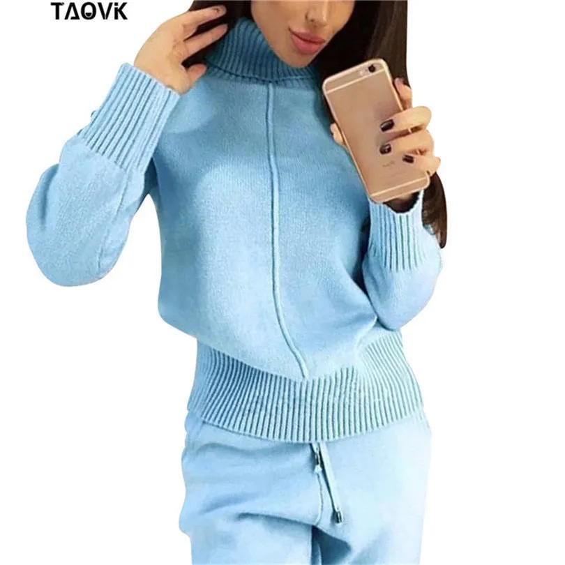 TAOVK Women's Woolen Knitted High Collar Sweater Pants Loose Style Two-piece Set