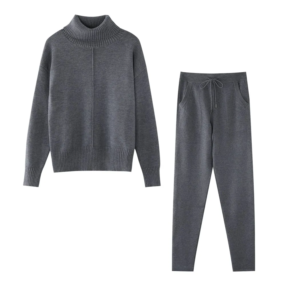 TAOVK Women's Woolen Knitted High Collar Sweater Pants Loose Style Two-piece Set