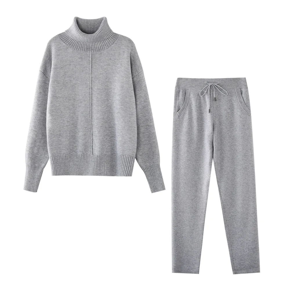 TAOVK Women's Woolen Knitted High Collar Sweater Pants Loose Style Two-piece Set