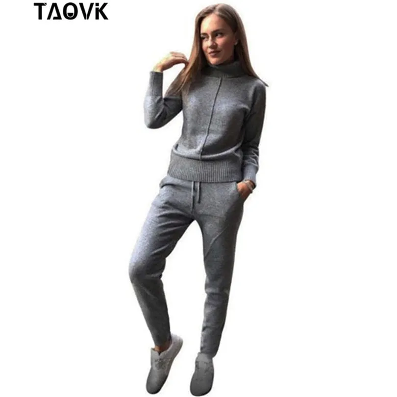 TAOVK Women's Woolen Knitted High Collar Sweater Pants Loose Style Two-piece Set