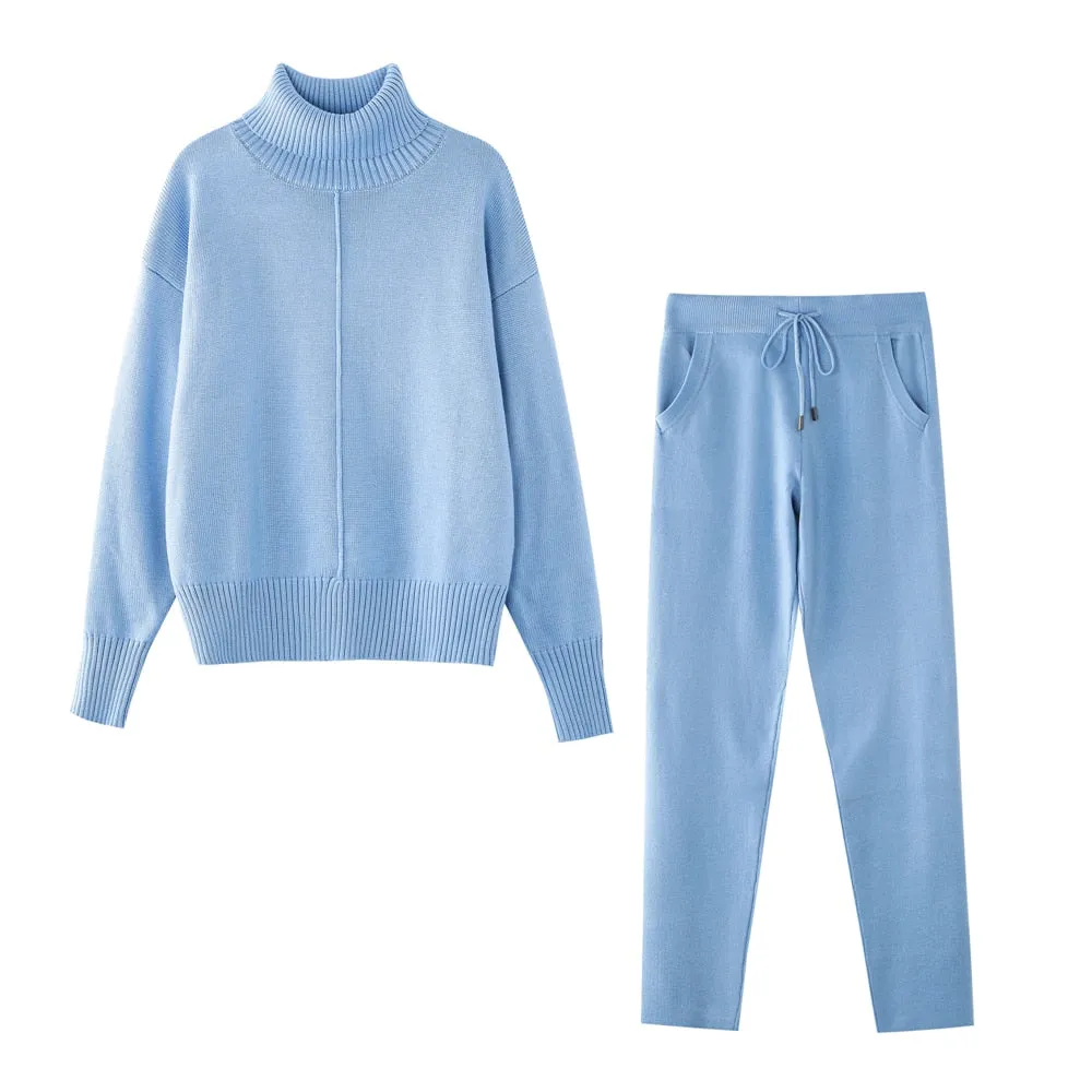 TAOVK Women's Woolen Knitted High Collar Sweater Pants Loose Style Two-piece Set
