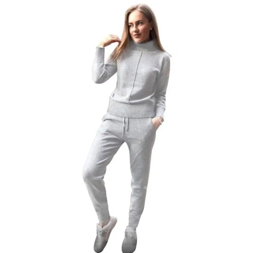 TAOVK Women's Woolen Knitted High Collar Sweater Pants Loose Style Two-piece Set