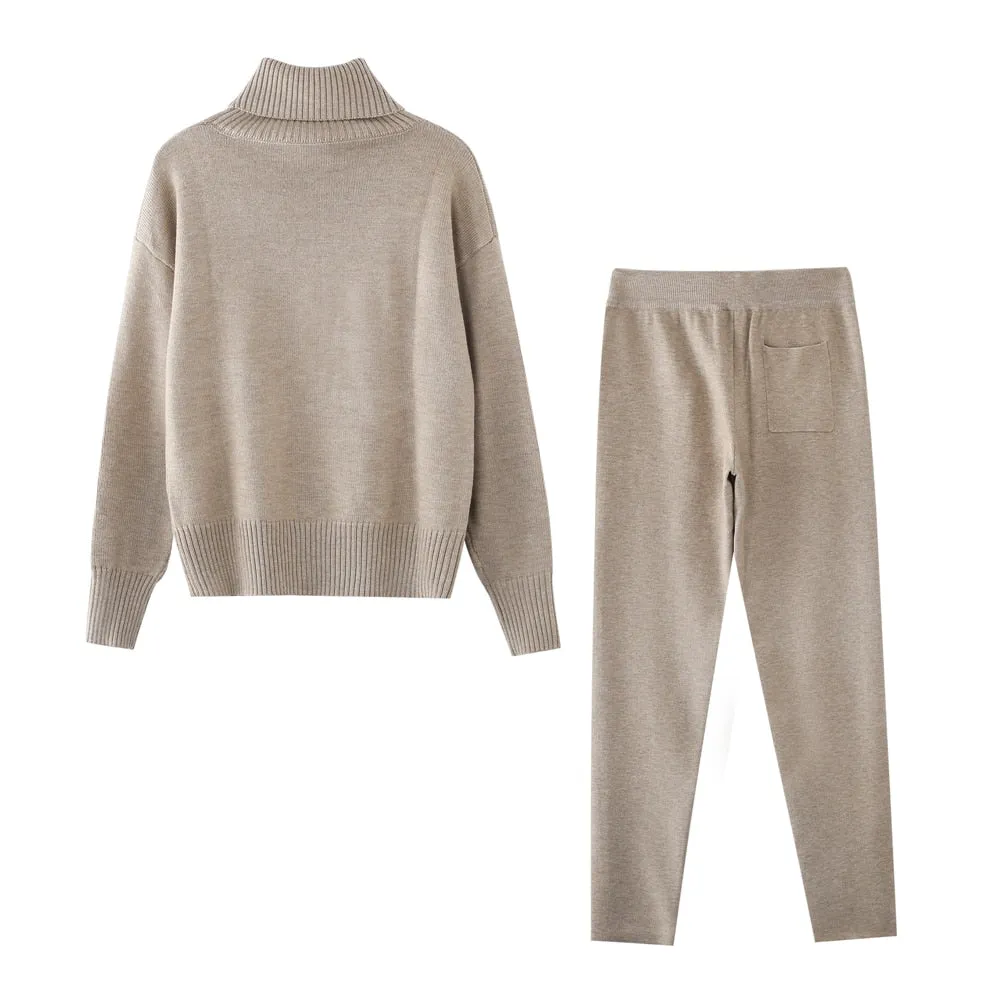 TAOVK Women's Woolen Knitted High Collar Sweater Pants Loose Style Two-piece Set